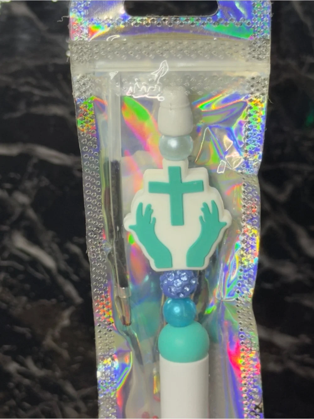Teal Cross Focal Bead Pen Black & Blue Ink